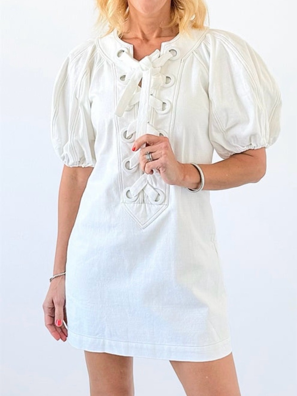 English Factory White Lace-Up Puff Sleeve Mini Dress